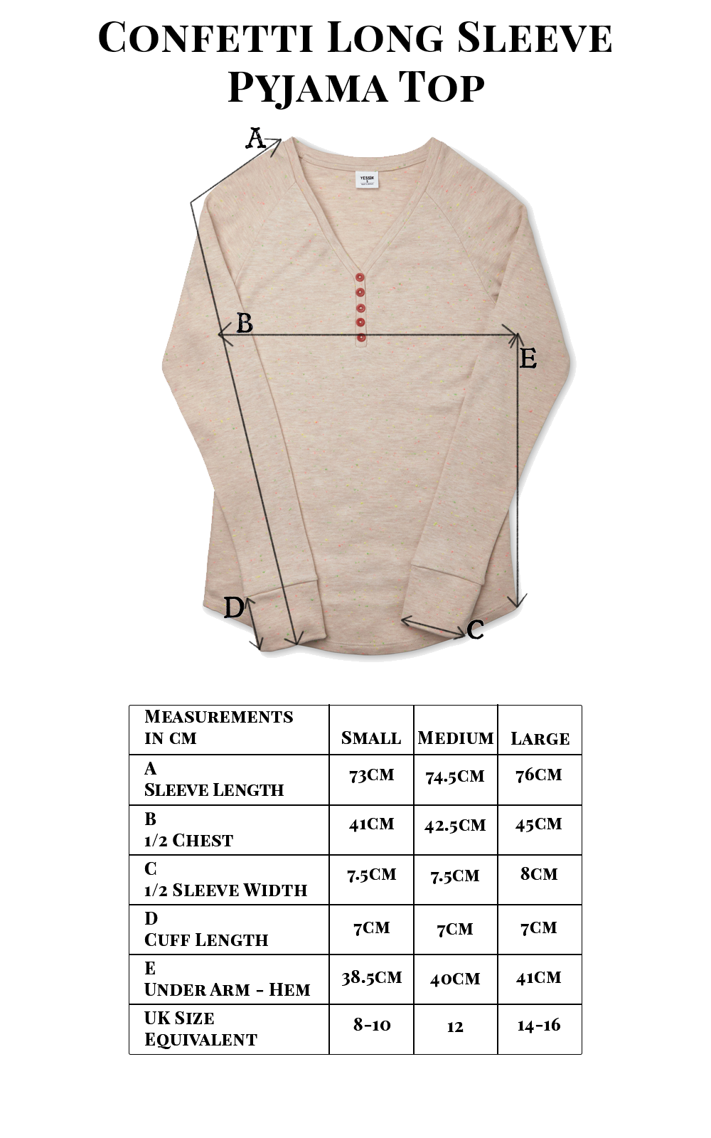 Tessie Confetti Black Long Sleeve Pyjama Top | Black Long Sleeve Henley | Women's Pyjama Top | Ladies PJ Top | Black V Neck Long Sleeve Pyjama Top | Black Pyjamas | Size Guide