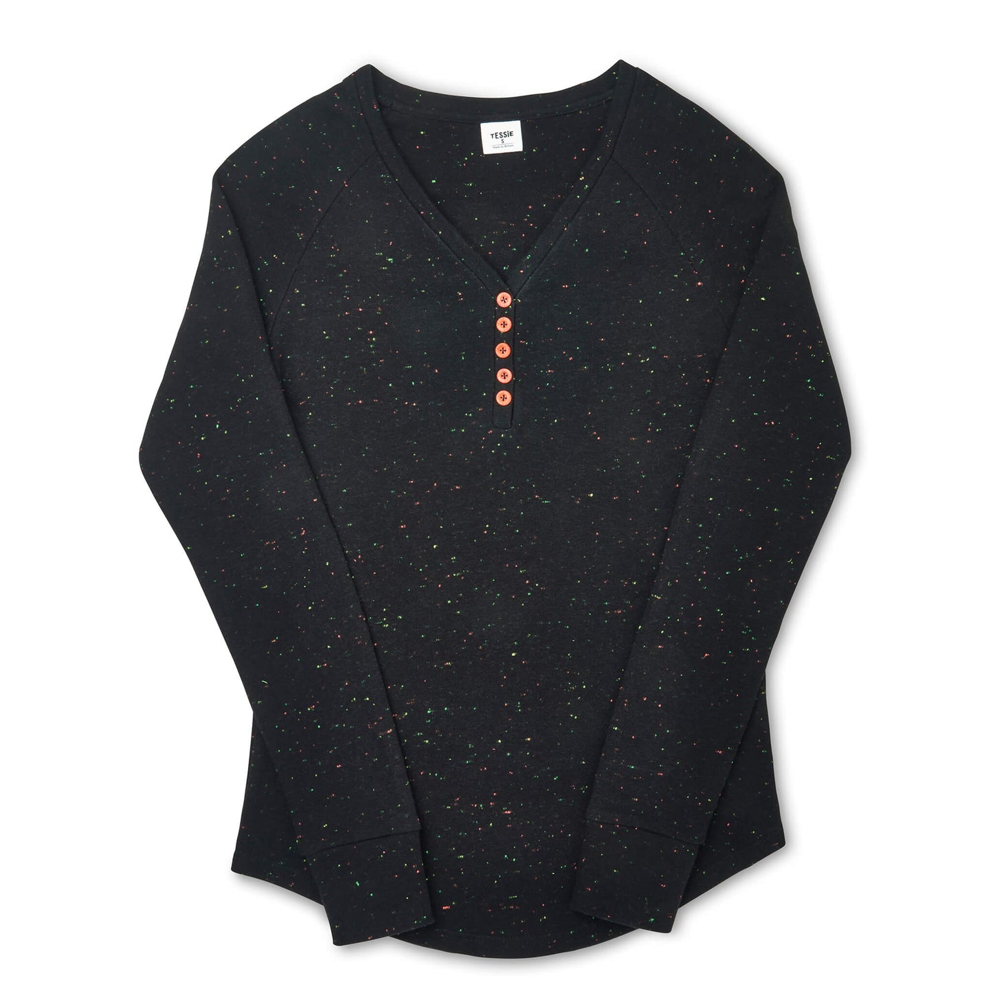 Tessie Confetti Black Long Sleeve Pyjama Top | Black Long Sleeve Henley | Women's Pyjama Top | Ladies PJ Top | Black V Neck Long Sleeve Pyjama Top | Black Pyjamas