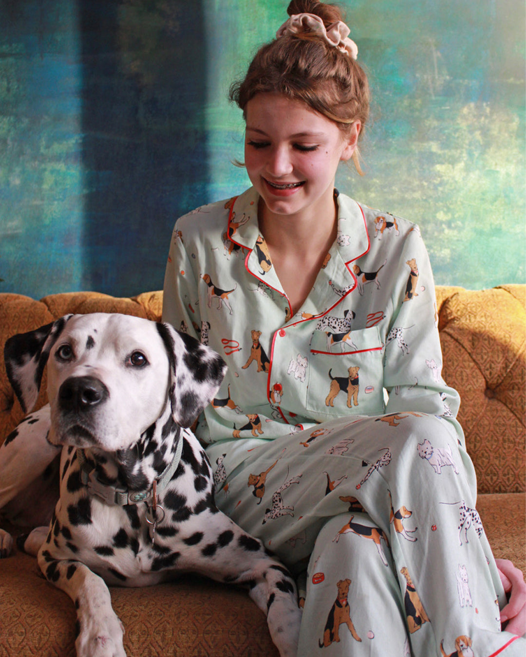 Imogen and buddy the Dalmatian wearing Tessie Clothing poppy dog print pyjamas set. 3 Dalmatian facts