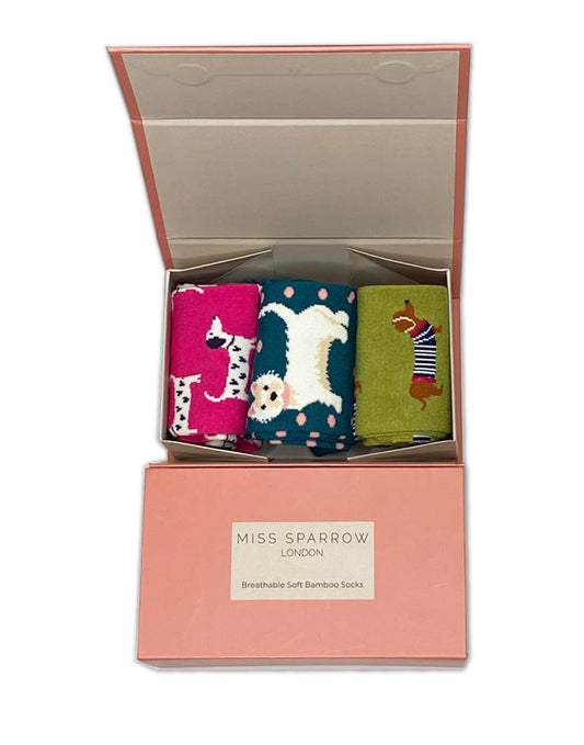 Miss Sparrow Dog Trio Bamboo Socks Gift Box Set