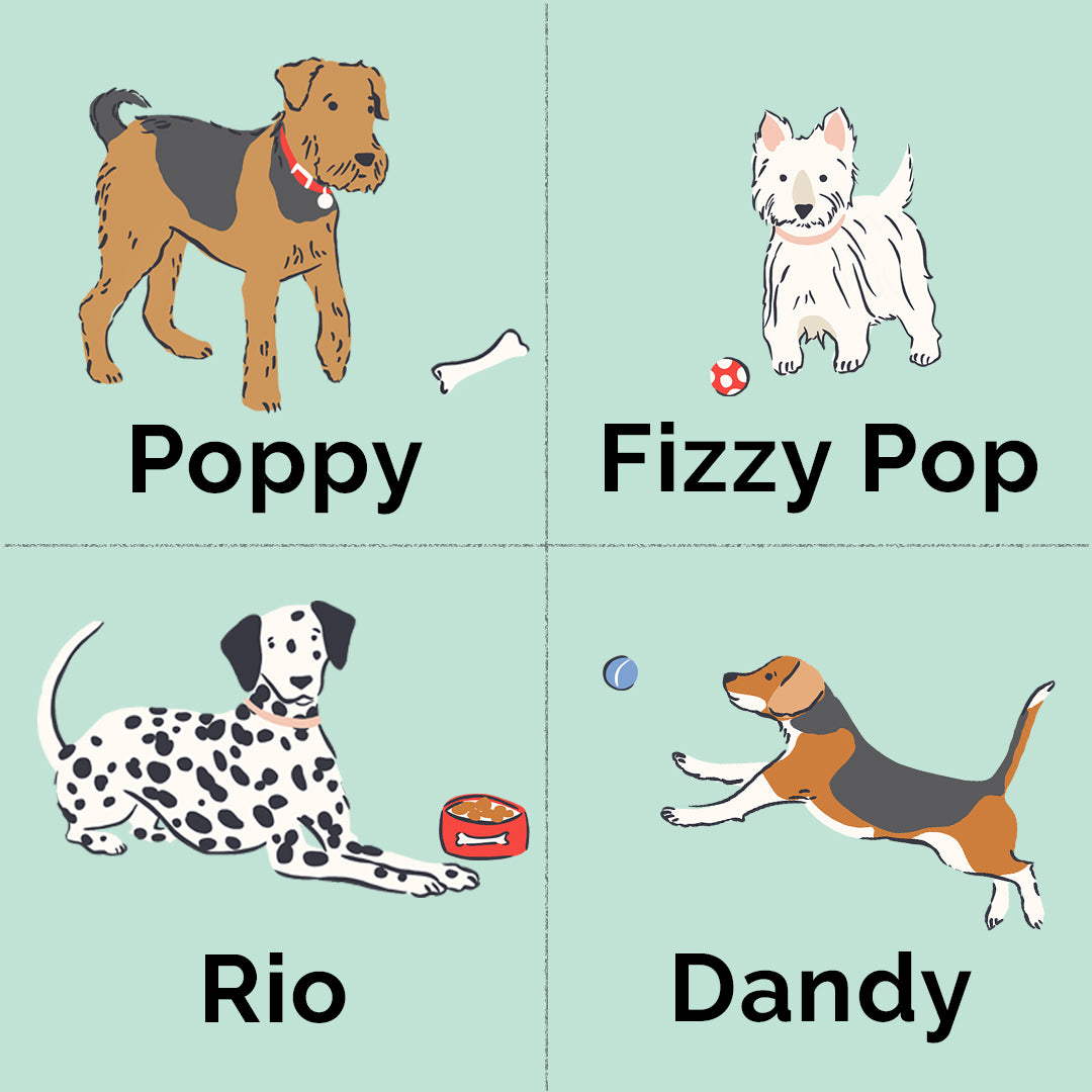 Pick your pooch | Tessie Clothing Poppy Dog Print | Poppy the Airedale Terrier, Fizzy Pop the West Highland Terrier, Rio the Dalmatian and Dandy the Beagle
