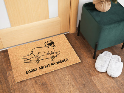 Sorry About My Wiener Doormat | Funny Dog Doormat | Dachshund, Sausage Dog, Doxie, Wiener Dog