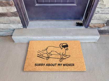 Sorry About My Wiener Doormat | Funny Dog Doormat | Dachshund, Sausage Dog, Doxie, Wiener Dog