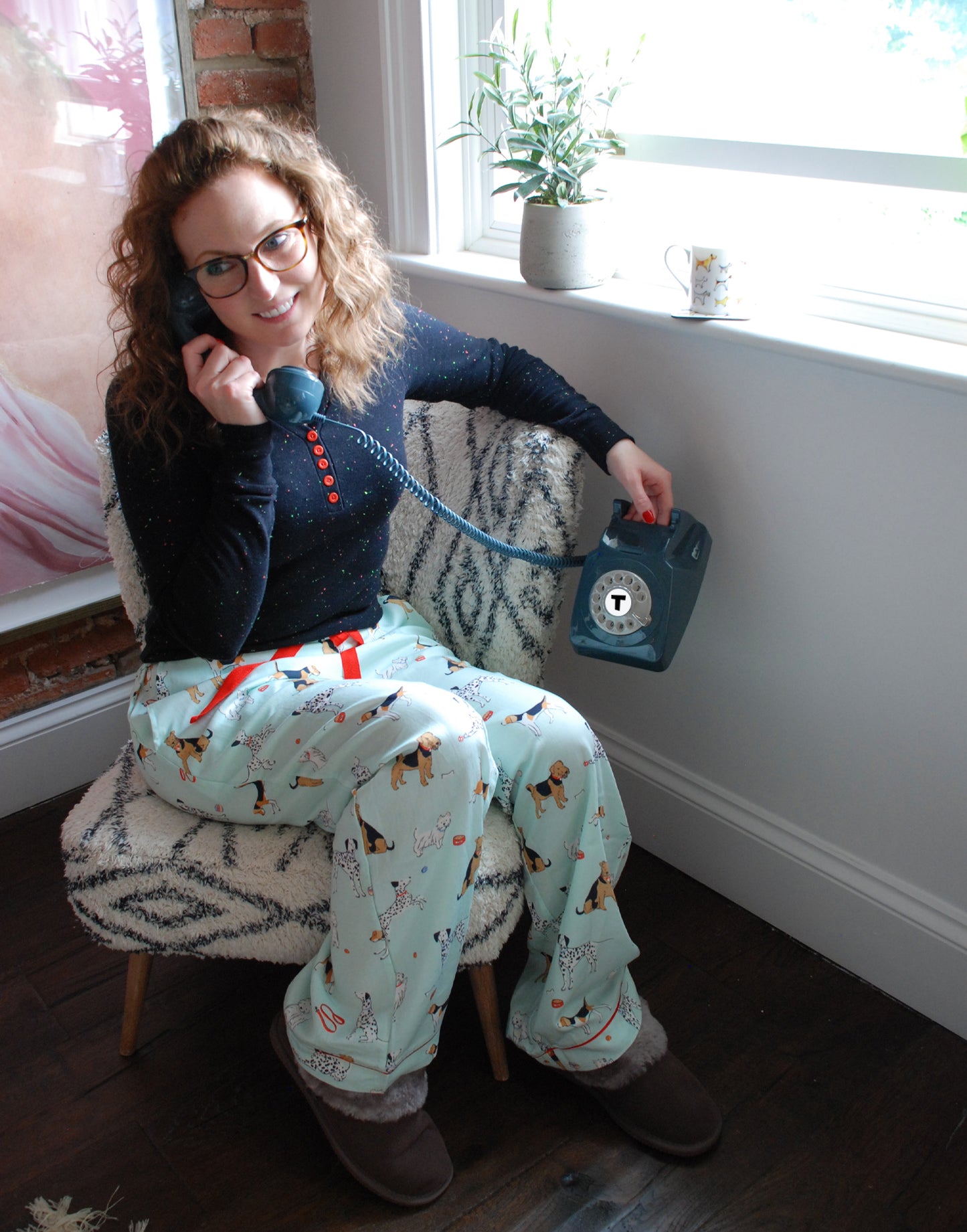 Tessie Clothing | Poppy Dog Print Pyjama Trousers | Dog Print featuring Airedale Terriers, Westies, Beagles and Dalmatians on a soft green background.