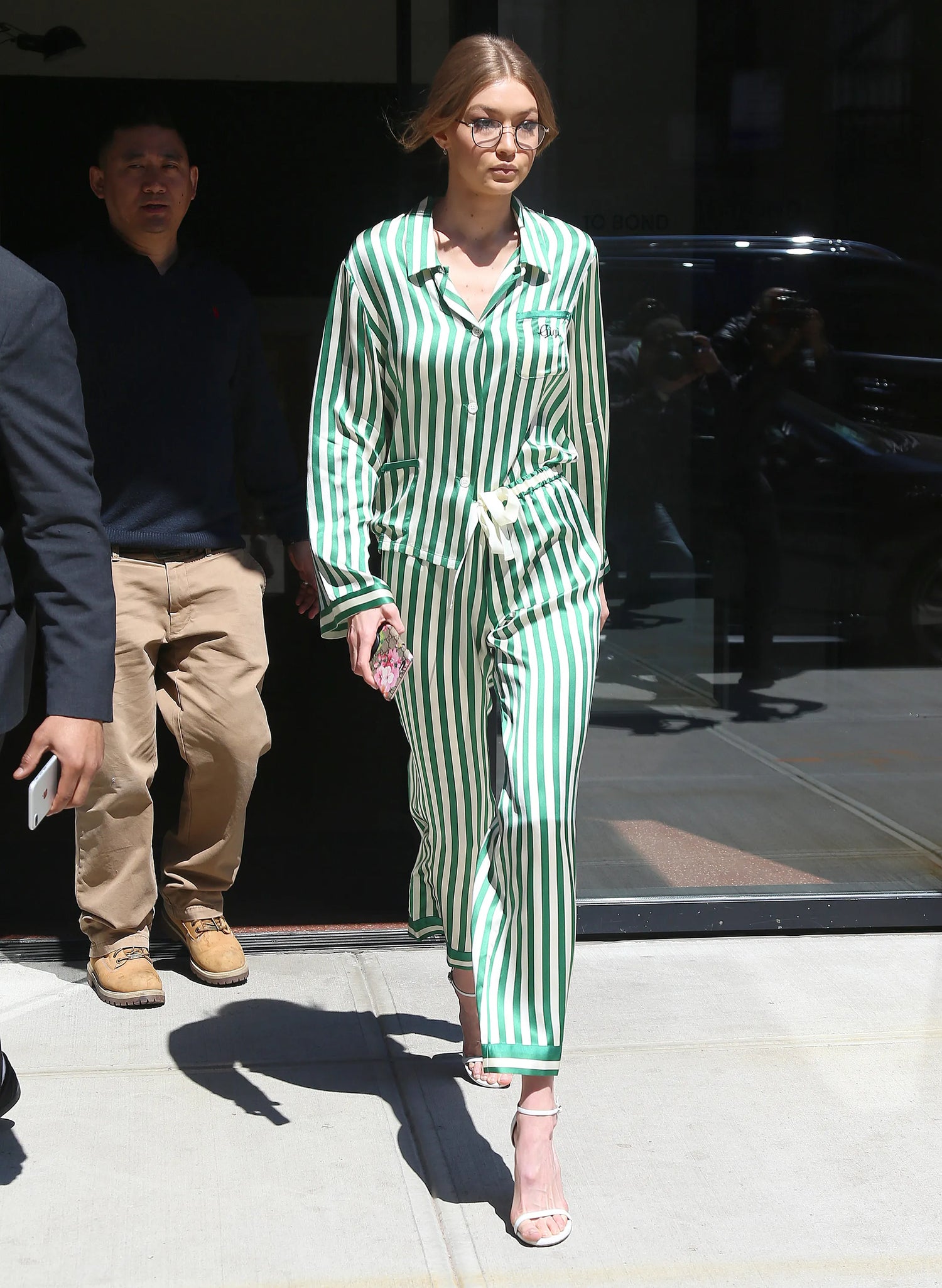 Gigi Hadid in Silk Pajamas in Relaxed Style