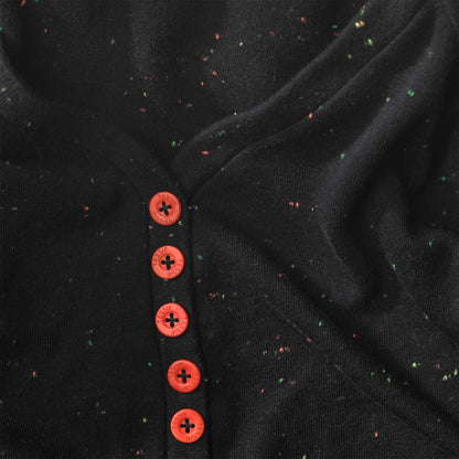 Tessie Confetti Black Long Sleeve Pyjama Top | Black Long Sleeve Henley | Women's Pyjama Top | Ladies PJ Top | Black V Neck Long Sleeve Pyjama Top | Black Pyjamas | Red Branded Corozo Buttons